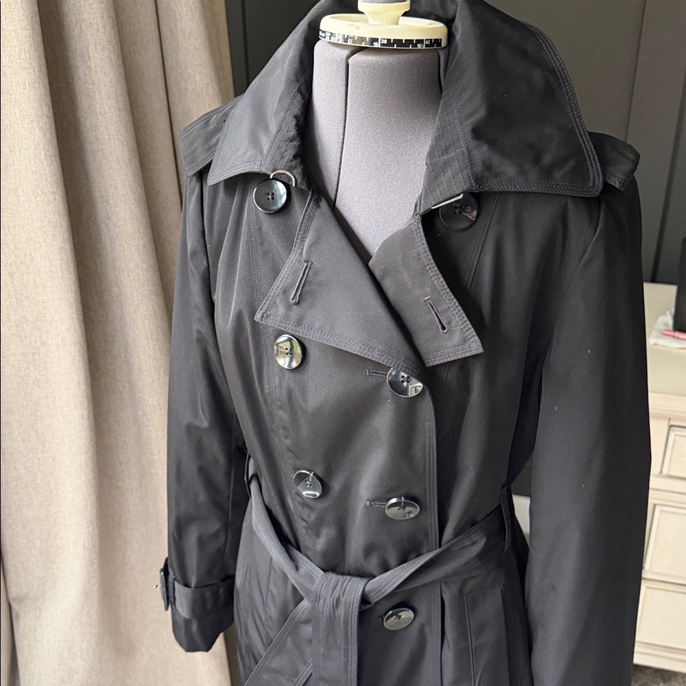 Anne Klein Trench Coat Lined Doube Breasted Belted Black Size S Classic - Picture 5 of 14